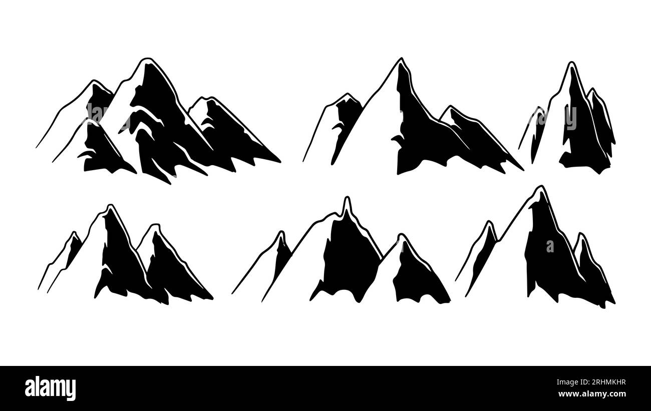 Mountain silhouette Set, Collection d'illustrations vectorielles mettant en vedette des silhouettes de chaînes de montagnes, en particulier des montagnes rocheuses, sous la forme de ico Illustration de Vecteur