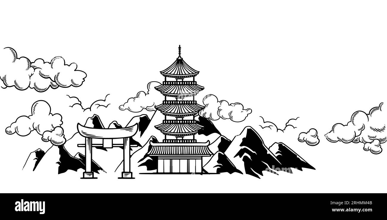Paysage de bâtiment traditionnel oriental japonais. Vecteur dessiné à la main en noir et blanc avec torii porte et montagnes. Esquissez la conception d'illustration de mise en plan. Illustration de Vecteur