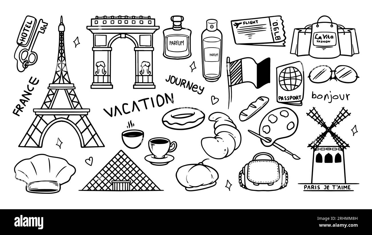 Voyage à la France doodle set d'icônes vecteur. Dessin simple à la main esquisser des bâtiments et des objets nationaux. Illustration de Vecteur