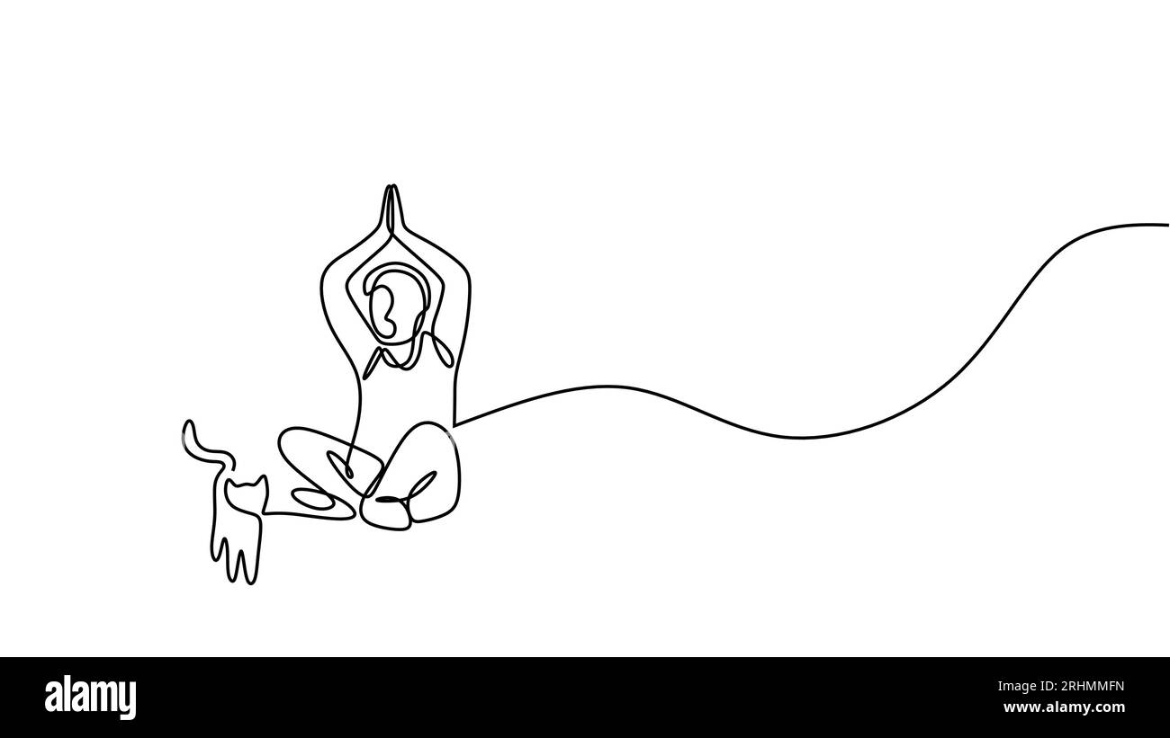 Personne faisant du yoga avec le chat, un dessin d'art au trait continu. Illustration de Vecteur