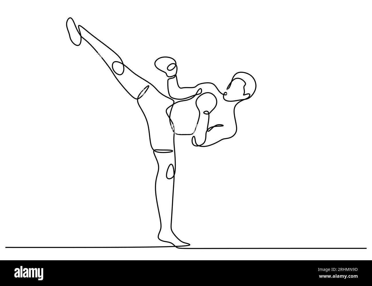 Dessin en ligne continu de kickboxing. Illustration vectorielle d'un exercice de coup de pied d'homme, thème de sport personnes faisant la formation d'activité de combat. Illustration de Vecteur