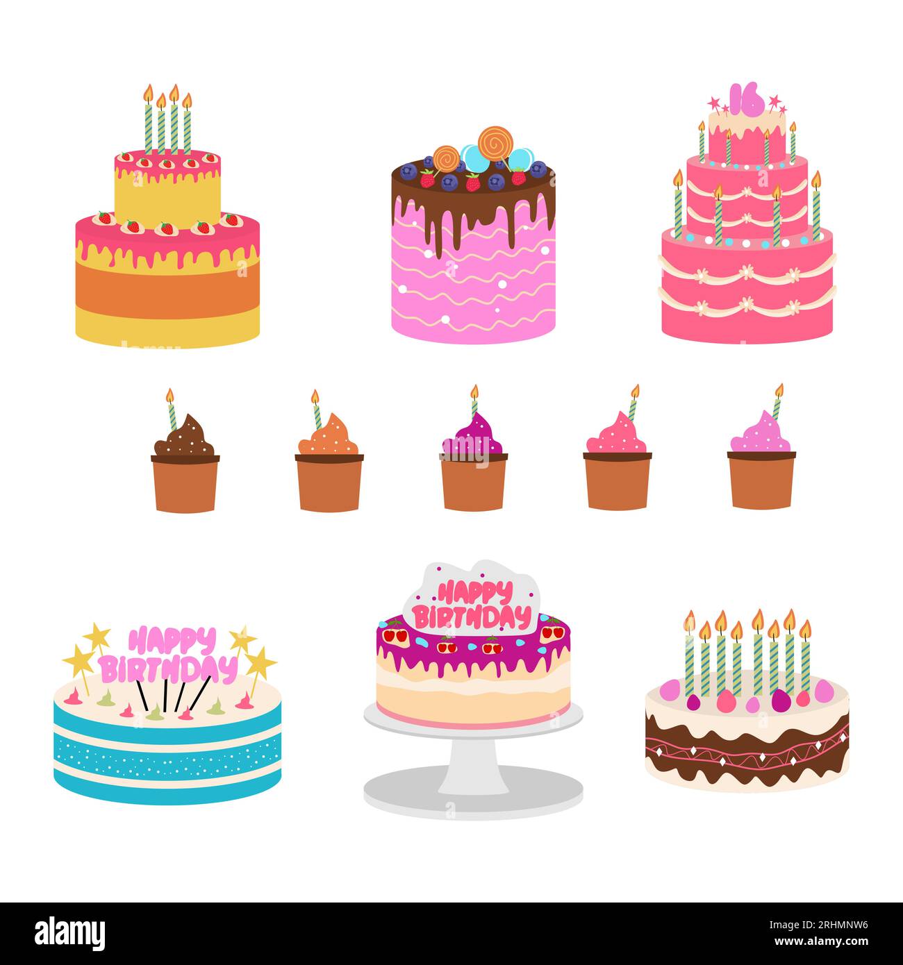 Neuf objets colorés de jeu de gâteau d'anniversaire dans le style des éléments plats isolé sur fond blanc. Illustration de Vecteur