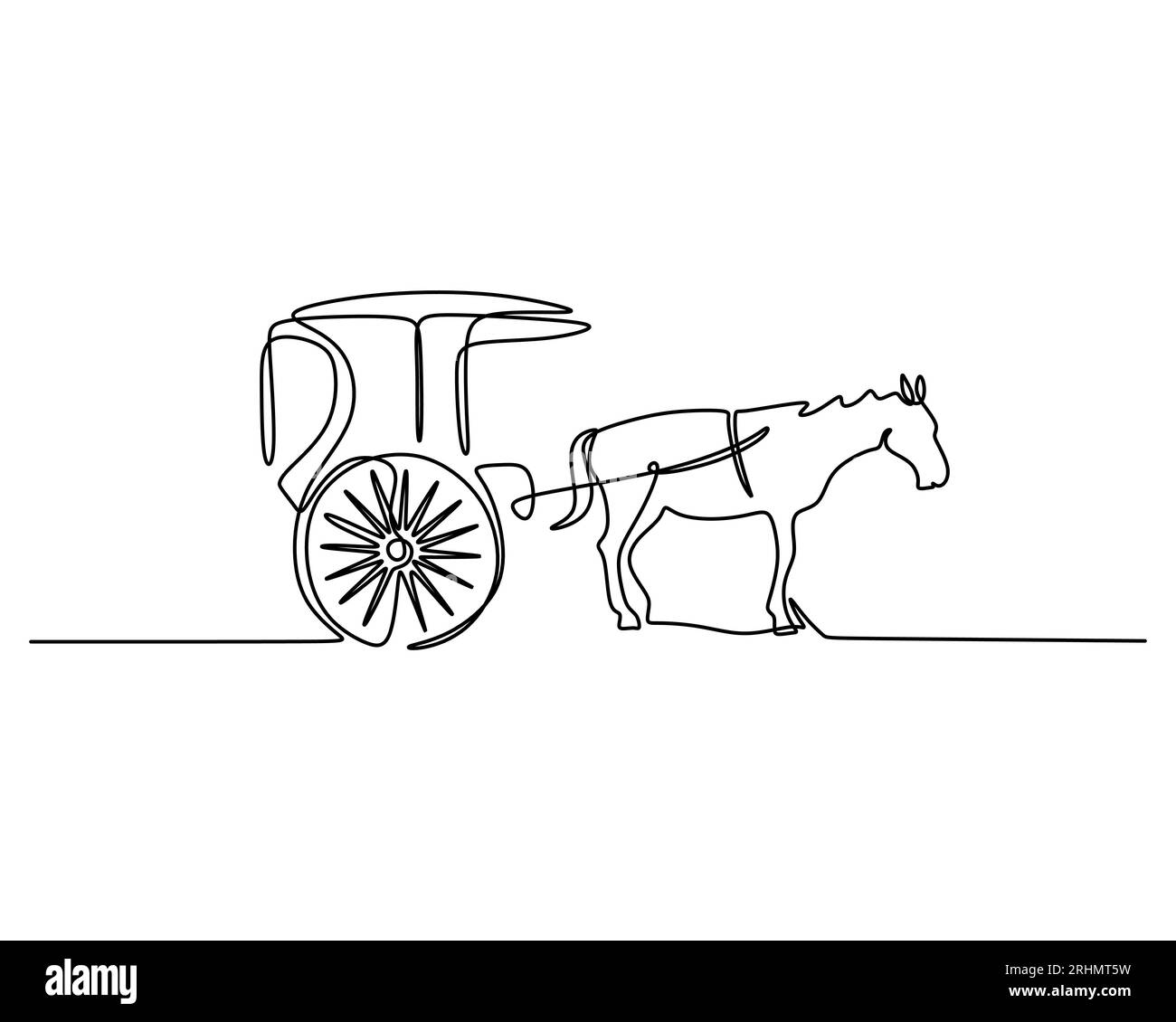 Une seule ligne continue de chariot de wagon avec le cheval tirant. Transport vintage isolé sur fond blanc. Illustration de Vecteur