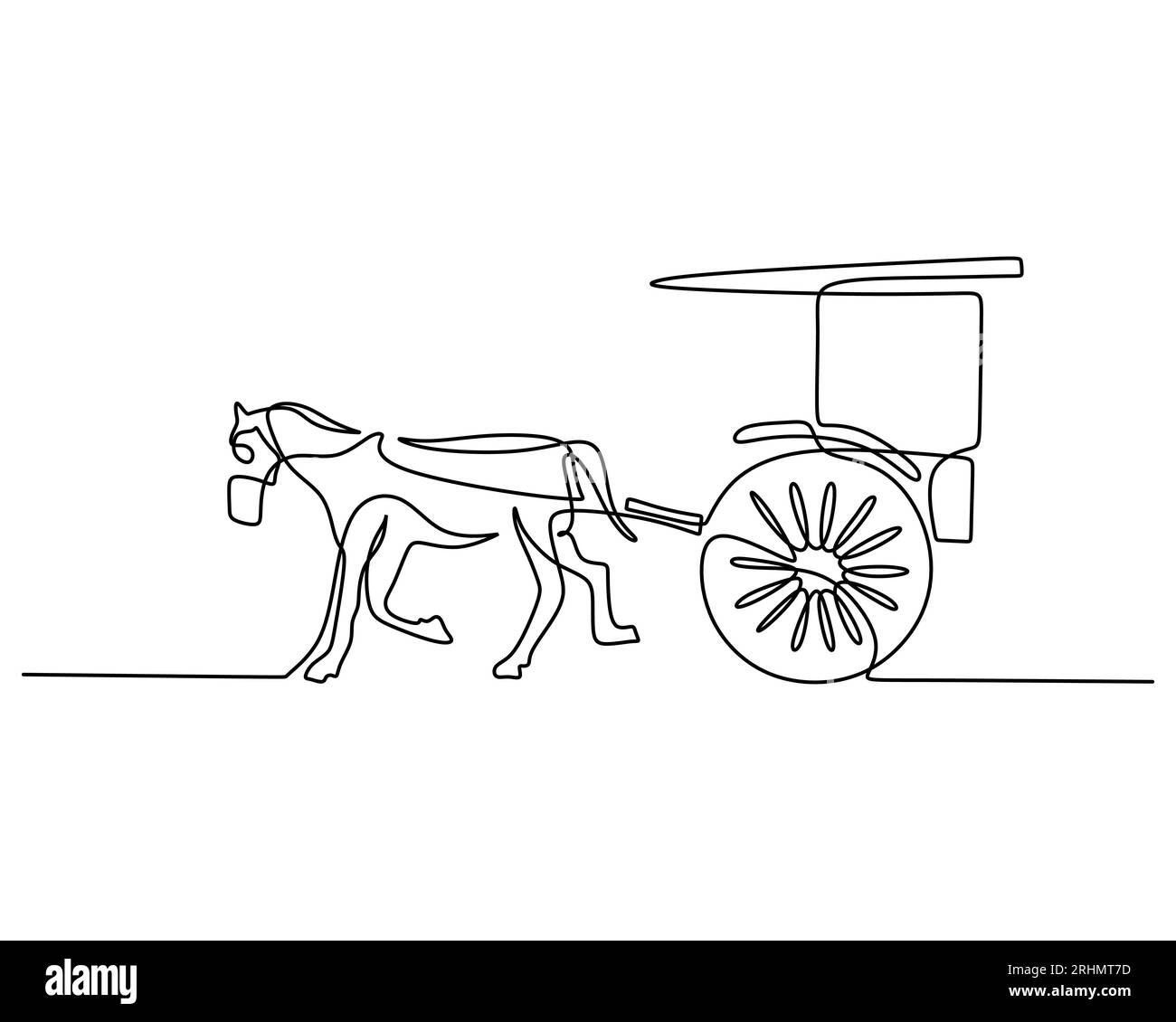 Une seule ligne continue de chariot de wagon avec le cheval tirant. Transport vintage isolé sur fond blanc. Illustration de Vecteur