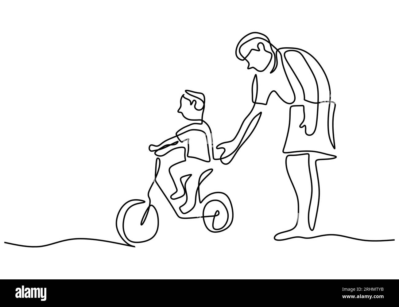 Une seule ligne continue de père accompagne son fils jouant à vélo isolé sur fond blanc. Illustration de Vecteur