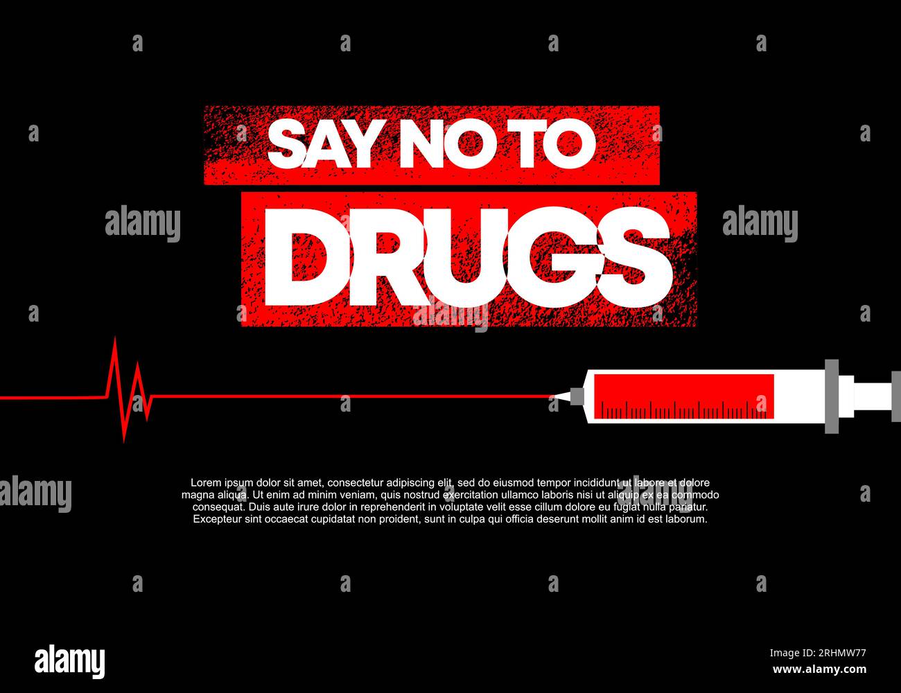 Dites non à l'affiche de fond de drogue ou bannière pour la Journée internationale contre l'abus de drogue isolé sur fond noir. Illustration de Vecteur