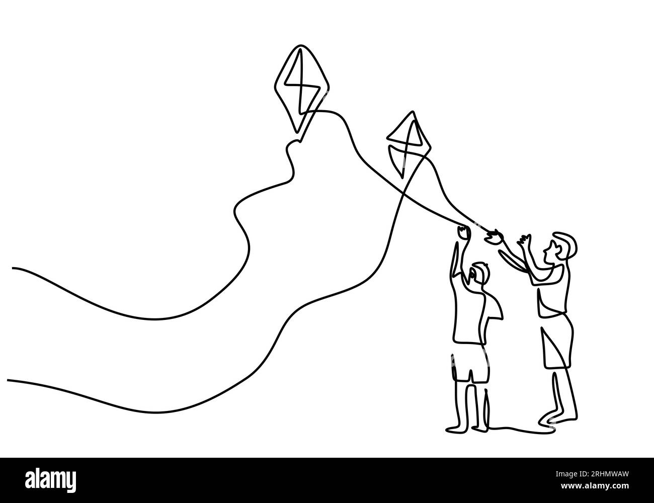 Une seule ligne continue de père jouant au cerf-volant avec son fils isolé sur fond blanc. Illustration de Vecteur