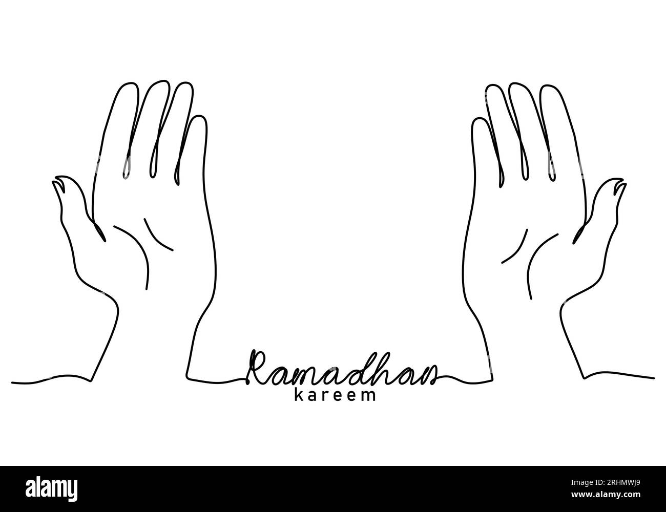 Une seule ligne continue du mot ramadan kareem avec la main priant isolé sur fond blanc. Illustration de Vecteur