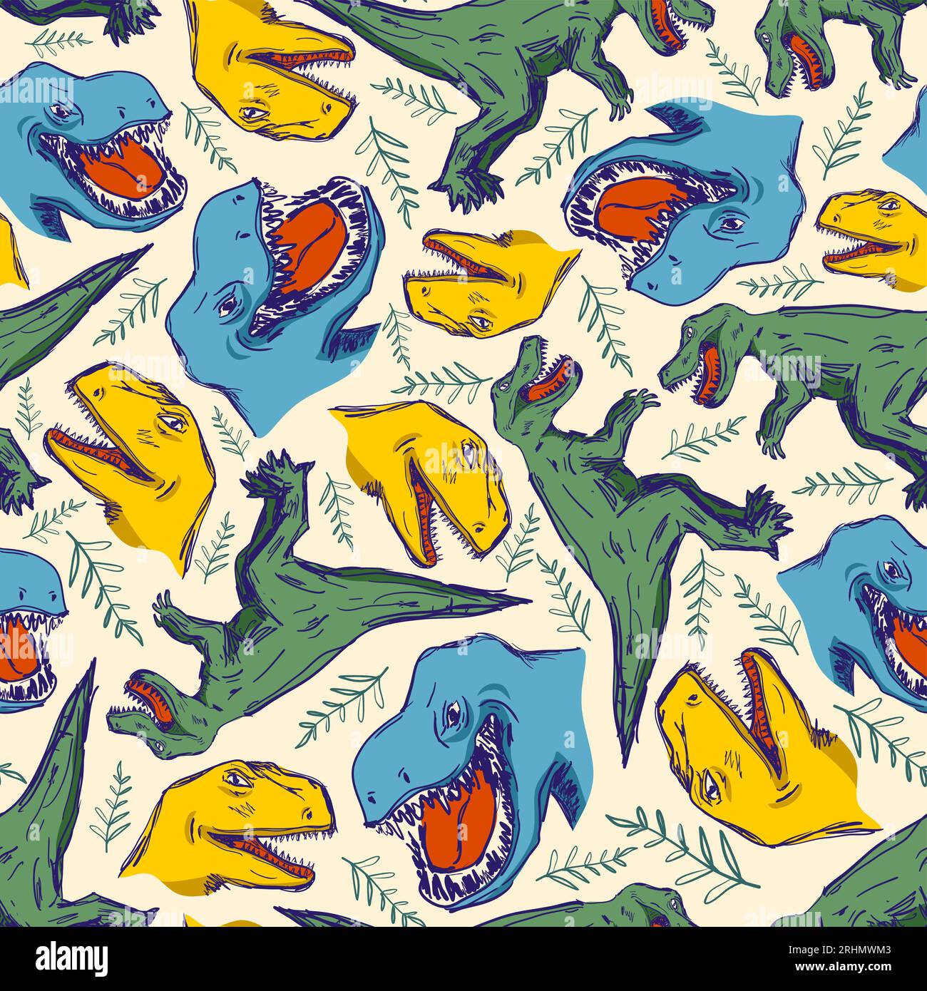 Modèle sans couture de dinosaures mignons dans un style coloré isolé sur fond blanc. Illustration de Vecteur