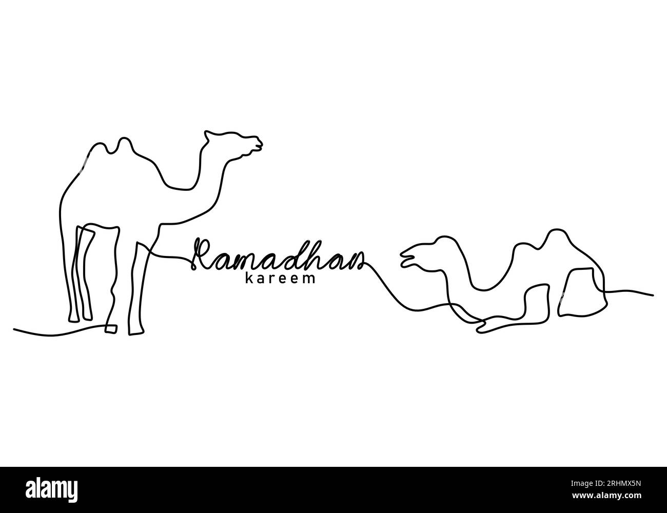 Une seule ligne continue du mot ramadan kareem avec deux chameaux sur le désert isolé sur fond blanc. Illustration de Vecteur