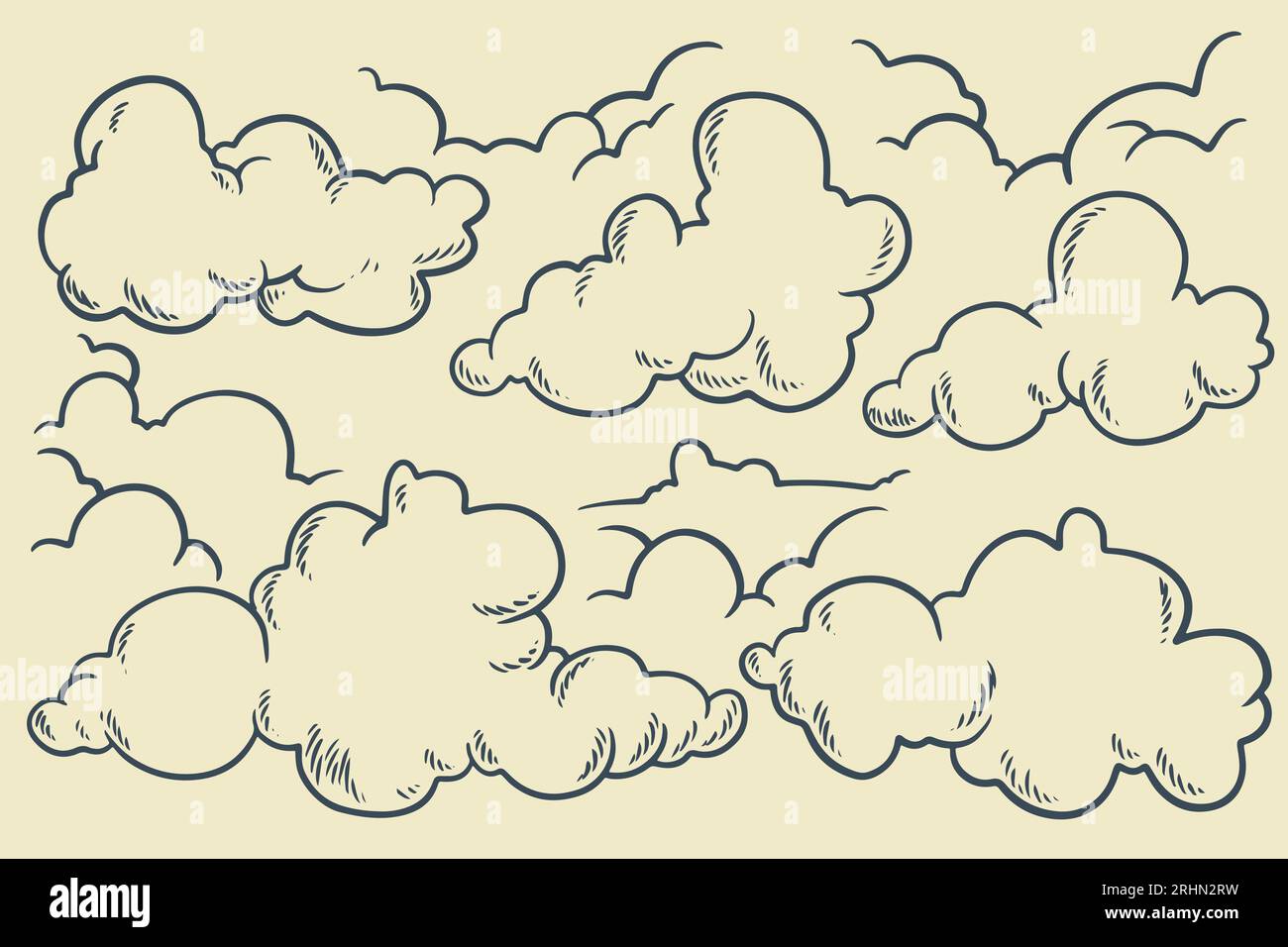 décoration naturelle dessinée à la main avec des nuages dans le style rétro vintage dessiné à la main isolé sur fond blanc. Éléments de dessin animé. Illustration de Vecteur