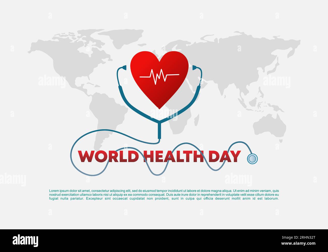 Affiche de bannière de fond de la journée mondiale de la santé avec battement de coeur, stéthoscope et carte du monde sur fond blanc. Illustration de Vecteur