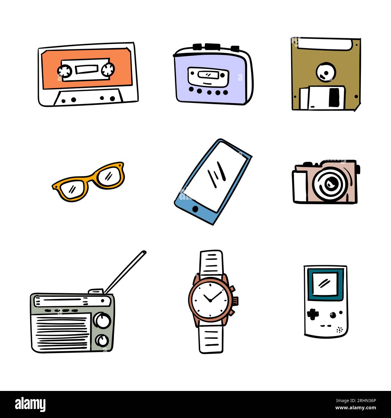 éléments nostalgiques des années 90 avec walkman, disque, caméra, radio, cassette et game boy isolé sur fond blanc. Illustration de Vecteur