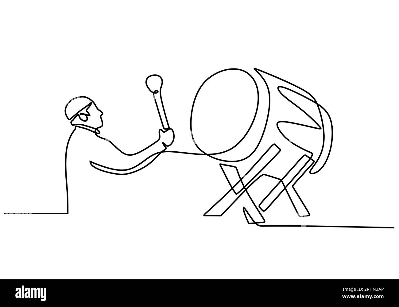 Une seule ligne continue de l'homme frappé grand tambour isolé sur fond blanc. Illustration de Vecteur