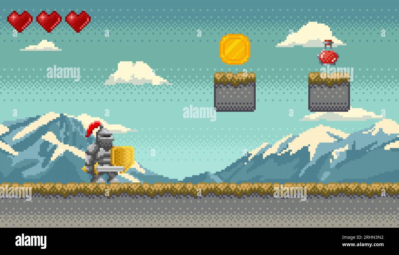 Style pixel art, chevalier en armure avec épée et bouclier avec montagnes et nuages sur fond. Scène pixelisée de jeu vidéo rétro avec des plates-formes avec g Illustration de Vecteur