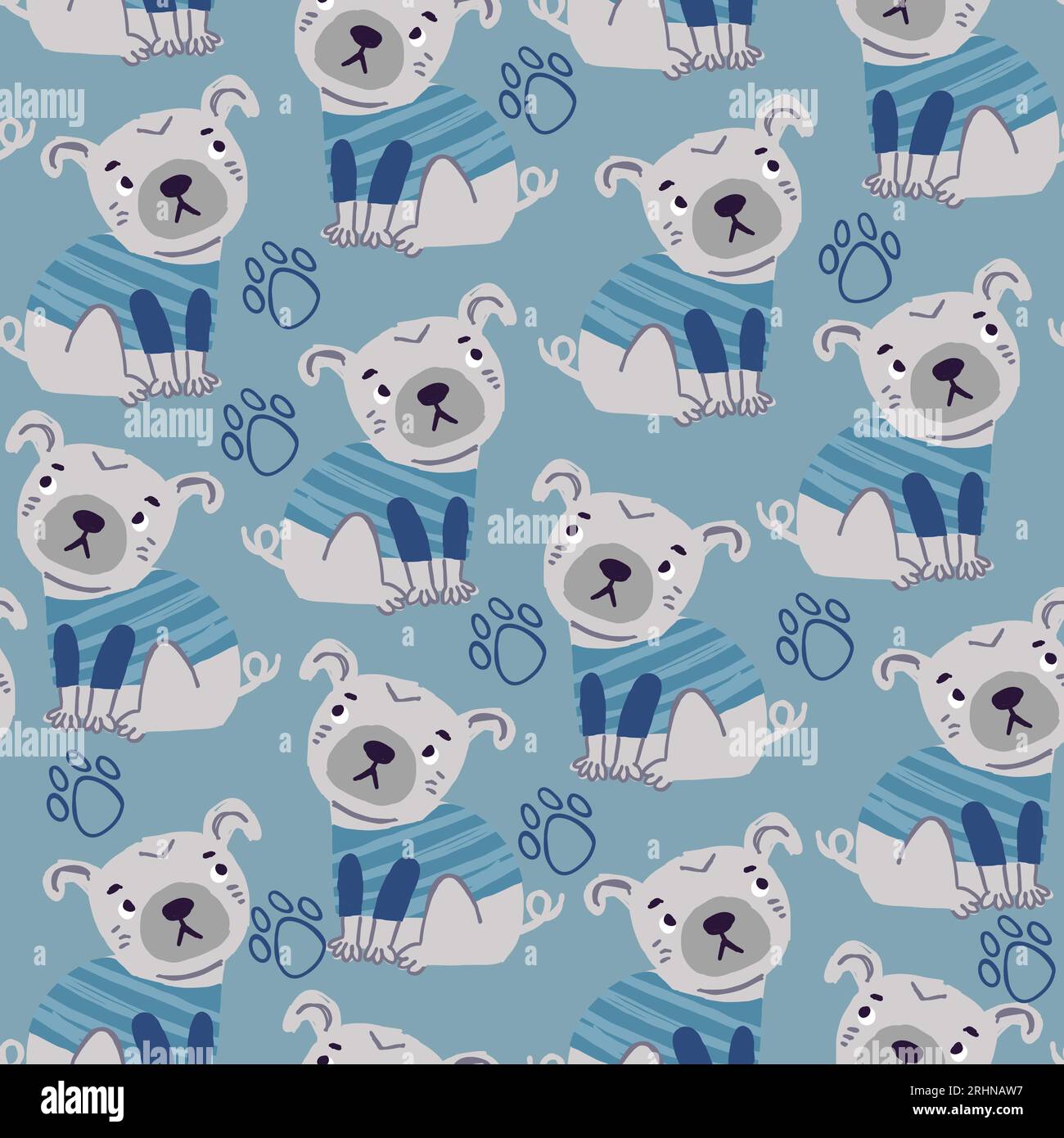 Vector Seamless modèle avec des petits mignons portant un tshirt bleu avec des pattes sur fond bleu. Parfait pour le modèle d'enfants pour les garçons. Simple motif de chiot mignon chiot dans le style dessiné à la main. Illustration vectorielle Illustration de Vecteur