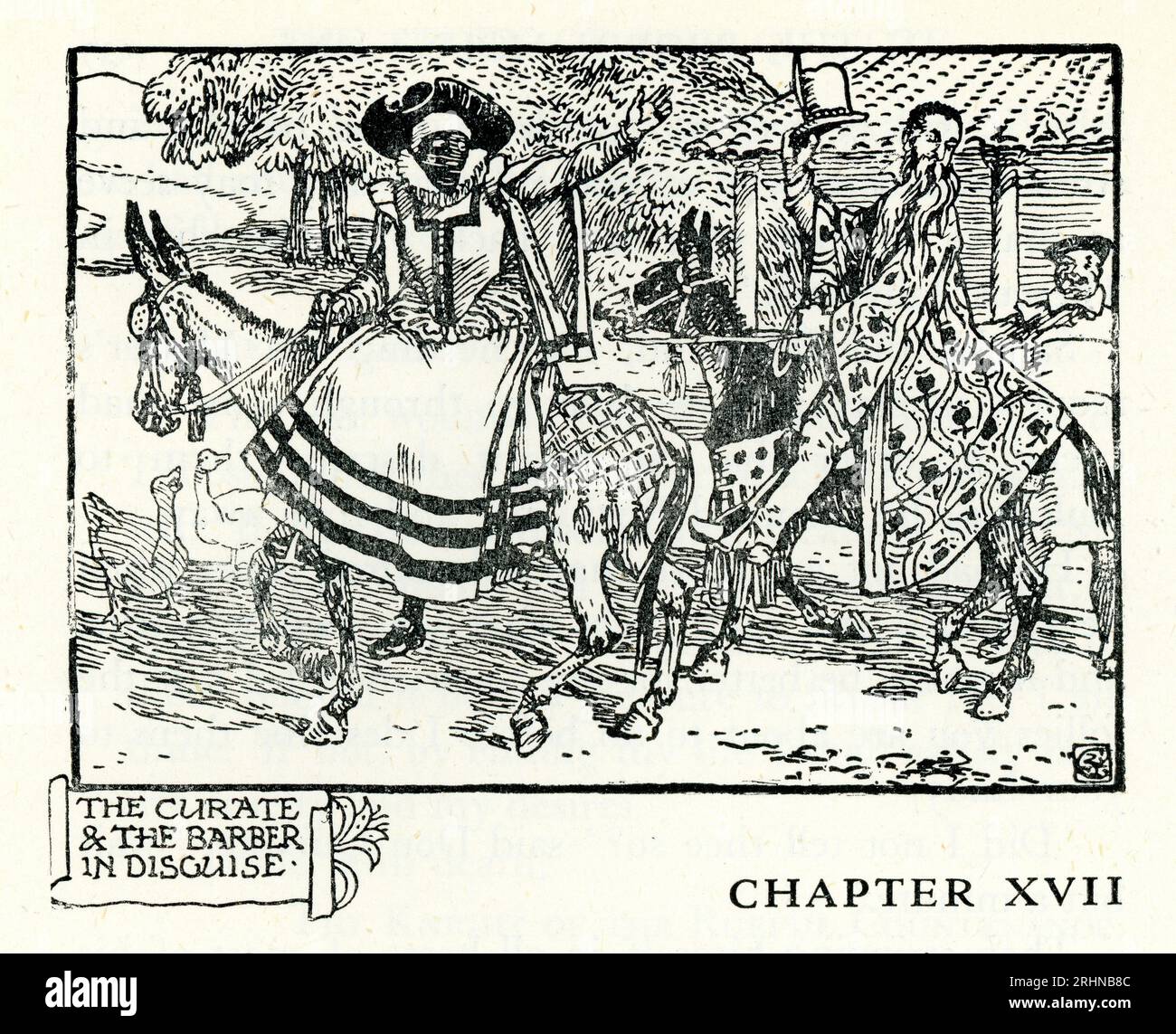 Don Quichotte de la Mancha, le curé et le barbier déguisé, de Walter Crane, Don Quichotte est un roman épique espagnol de Miguel de Cervantes. Banque D'Images
