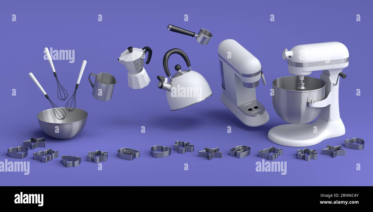 Machine à café expresso, mixeur plongeant, bouilloire et grille-pain pour préparer le petit déjeuner sur fond violet. 3d rendu de la cafetière pour préparer du café latte Banque D'Images
