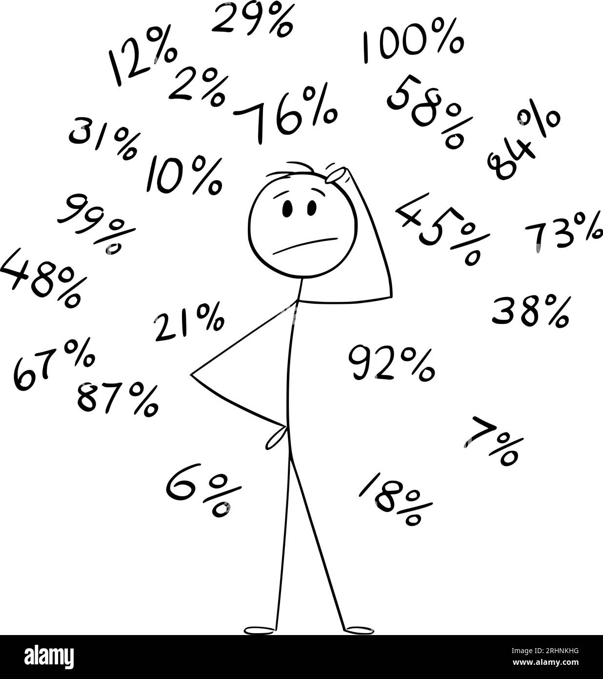 Personne ou homme d'affaires pensant à des pourcentages, partager ou vendre, Vector Cartoon Stick Illustration Figure Illustration de Vecteur