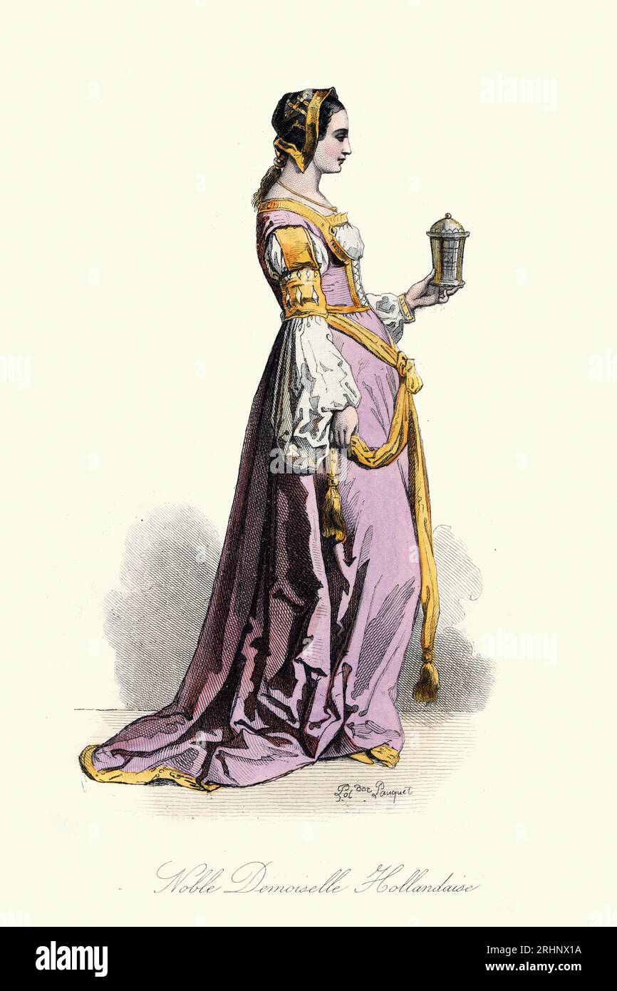 Histoire de la mode féminine, médiévale 16e siècle Noble Dutch Maiden 1509, Robe, costume d'époque. Frères Pauquet 1875 Banque D'Images