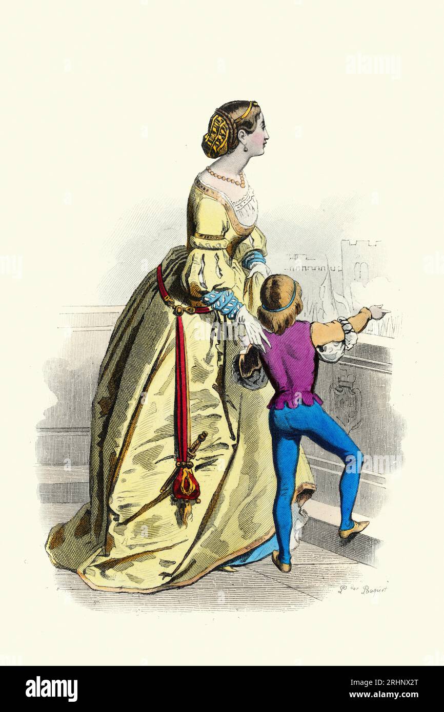 Histoire de la mode féminine, médiévale 16e siècle Jeune femme vénitienne et enfant, Robe jaune, costume d'époque 1514. Frères Pauquet 1875 Banque D'Images