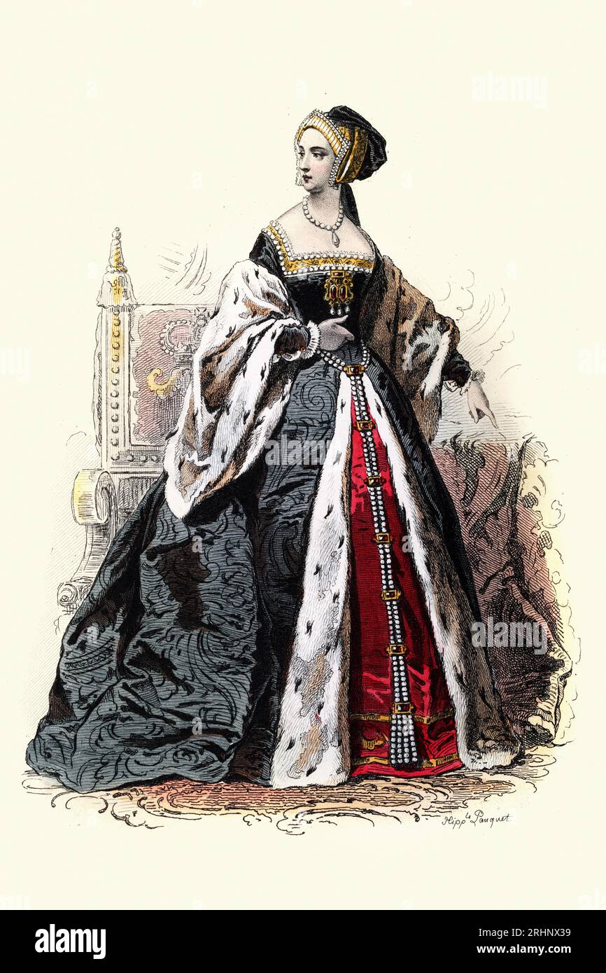 Histoire de la mode Tudor, Anne Boleyn Reine du roi Henri VIII d'Angleterre médiévale 16e siècle 1536, costume d'époque. Frères Pauquet 1875 Banque D'Images