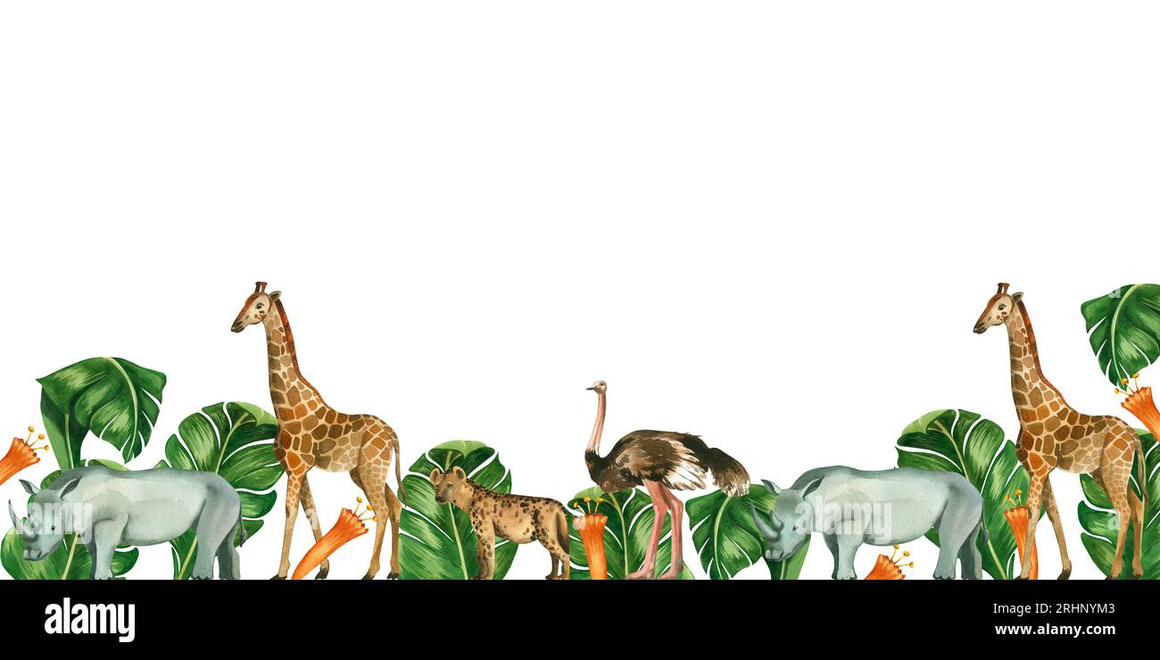 Animaux africains. Composition rectangulaire avec des animaux africains sur fond blanc. Girafe, rhinocéros, hyène, autruche et feuilles de jungle Banque D'Images