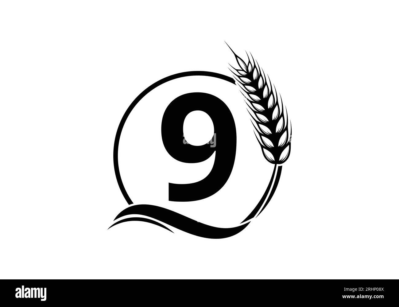 symbole de signe de lettre 9 avec couronne d'oreilles de blé. Logo Agriculture modèle agricole symbole vectoriel Illustration de Vecteur