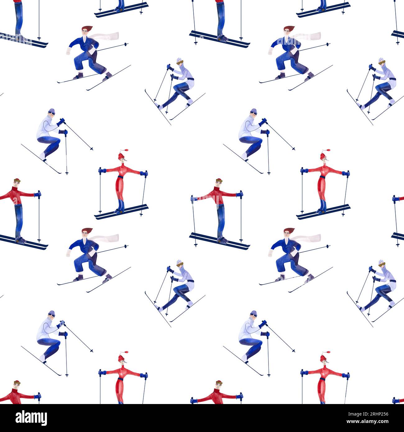 Pattern sans couture aquarelle avec skieurs. Textile d'hiver. Costume de sport. Papier d'emballage pour souvenirs de station de ski. Fond blanc Banque D'Images
