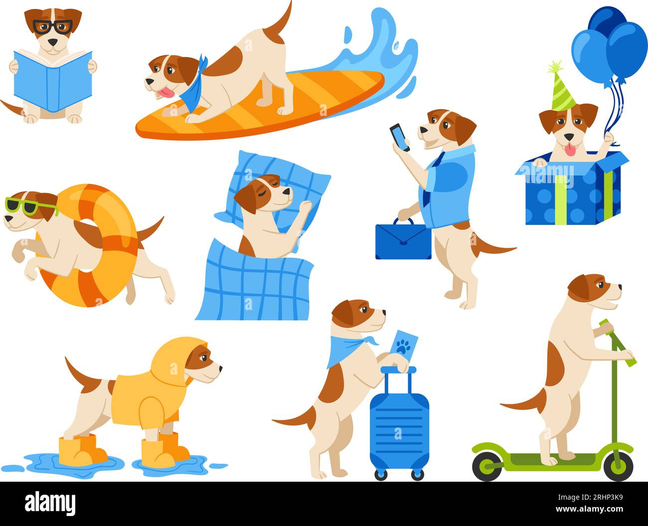 Mascotte de chien. Adorable personnage de chiot, mignon beagle lire livre, surfs, dort sur l'oreiller, voyage et monte scooter dessin animé ensemble d'illustration vectorielle Illustration de Vecteur