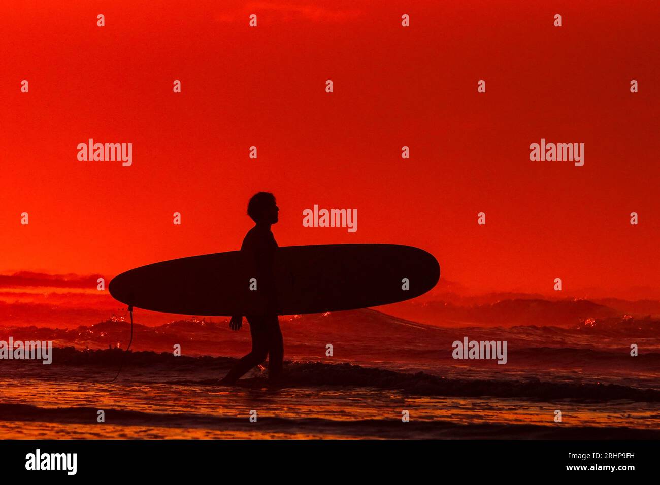 Île de Palms, États-Unis. 18 août 2023. Un surfeur silhouetté par le lever du soleil part pour une matinée sur les vagues par une chaude et lourde journée d'été dans la région de Charleston, le 18 août 2023 à Isle of Palms, Caroline du Sud. Crédit : Richard Ellis/Richard Ellis/Alamy Live News Banque D'Images