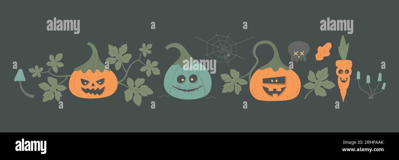 Bannière horizontale sombre Halloween, invitation à la fête, frontière avec feuillage, monstres mignons de citrouille, toile d'araignée, champignons. Illustration de Vecteur