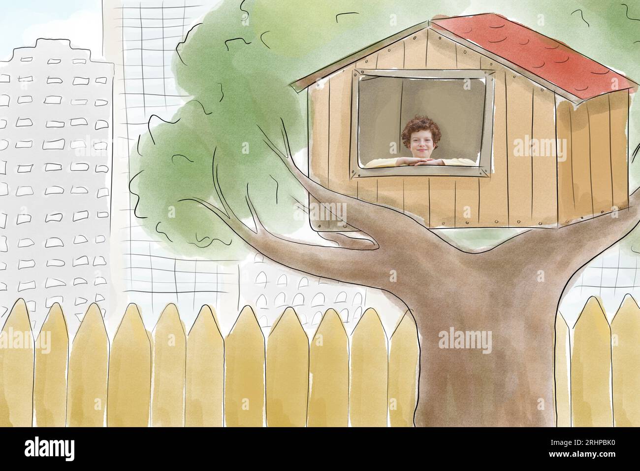 Boy in tree house Banque D'Images