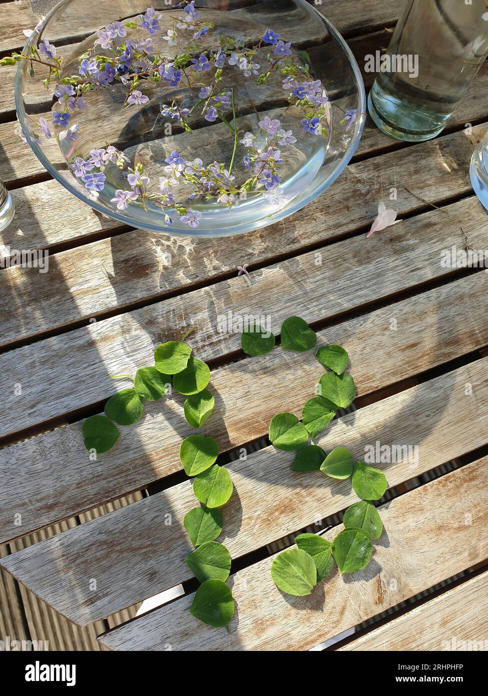 numéro chanceux 13, feuilles de shamrock, sur table en bois, simple, posé, image symbole, porte-bonheur avec bol en verre et verre sur bois Banque D'Images