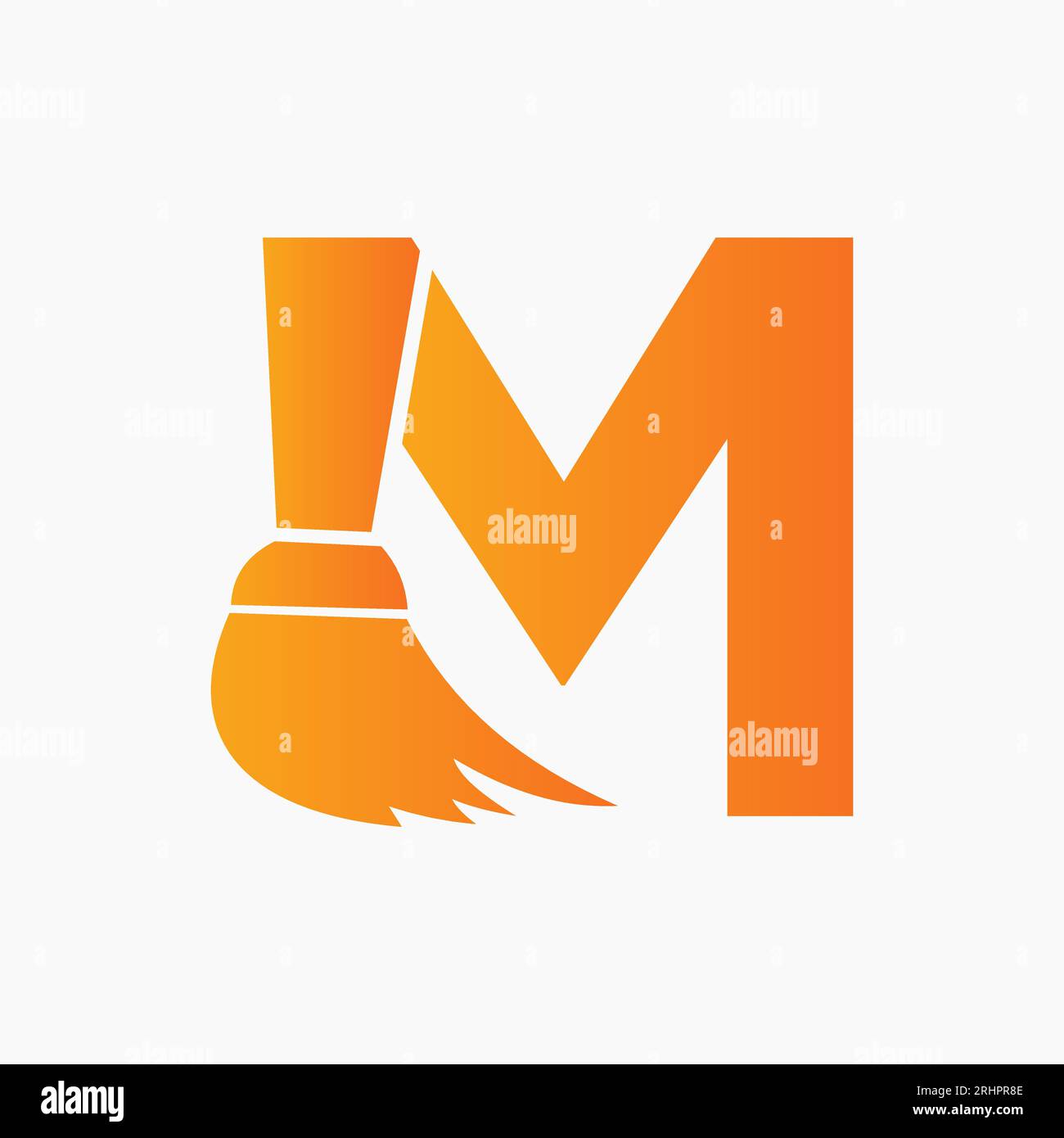 Concept de logo de nettoyage de maison lettre M avec icône de brosse propre. Symbole de service de femme de ménage Illustration de Vecteur