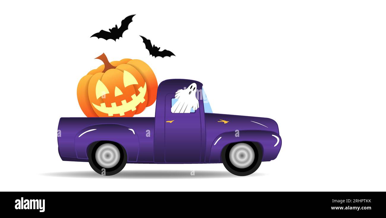 Joyeux camion Halloween avec Jack O Lantern lanterne citrouille à l'arrière, chauves-souris, fantôme conduisant sur fond blanc. Bannière vectorielle large pour cartes postales Illustration de Vecteur