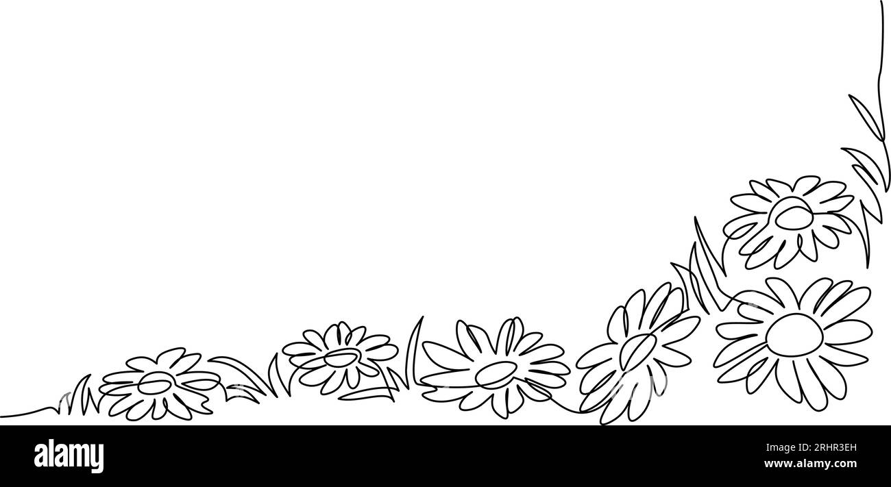 Champ de fleurs de Marguerite. Style de dessin continu d'une seule ligne. Illustration de Vecteur
