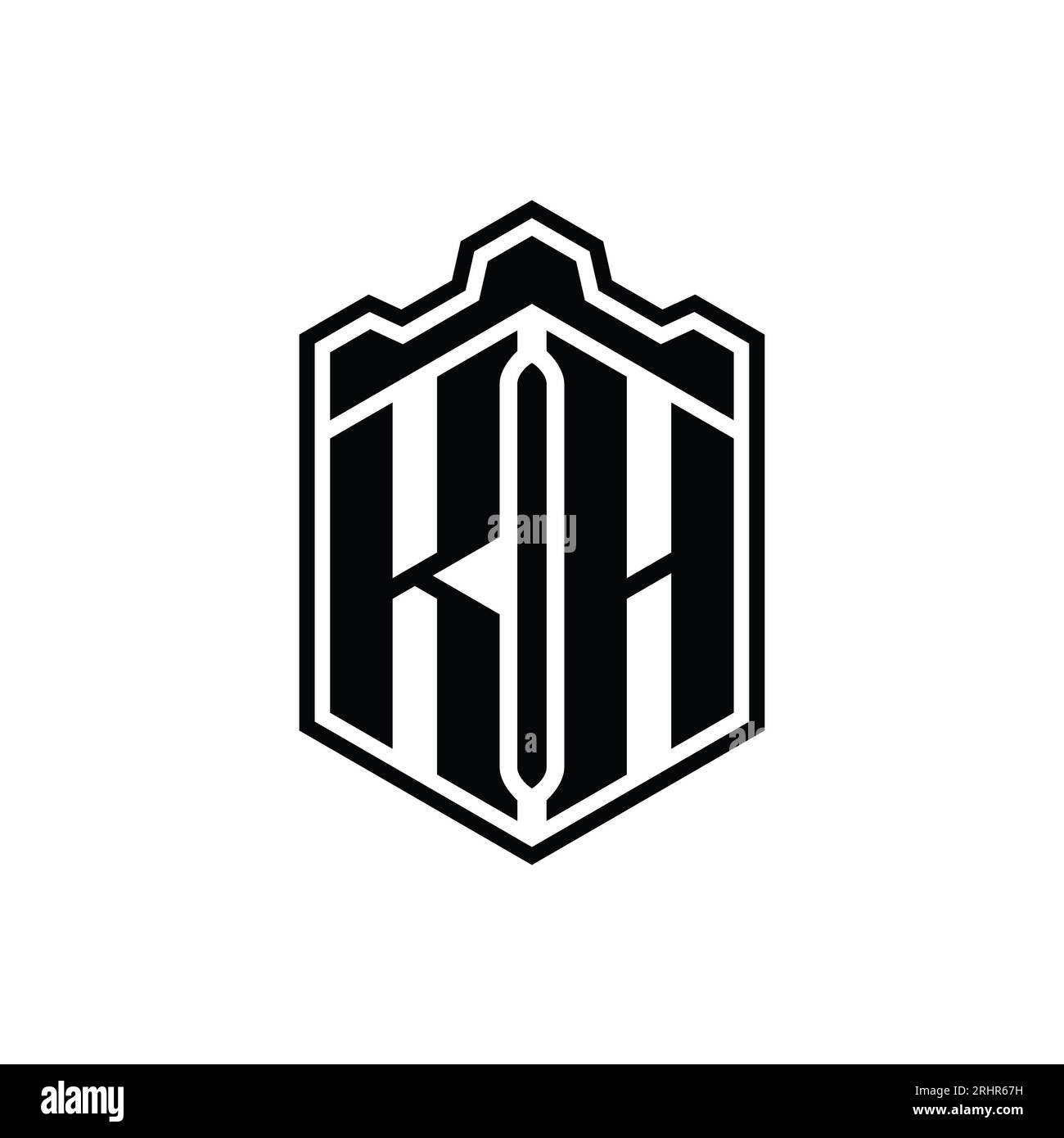 KH Letter logo monogramme hexagone forme bouclier couronne château géométrique avec modèle de conception de style contour Banque D'Images