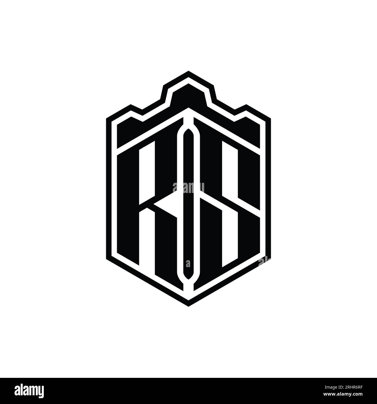Logo RS lettre monogramme forme de bouclier hexagonal en forme de château de couronne géométrique avec modèle de conception de style contour Banque D'Images