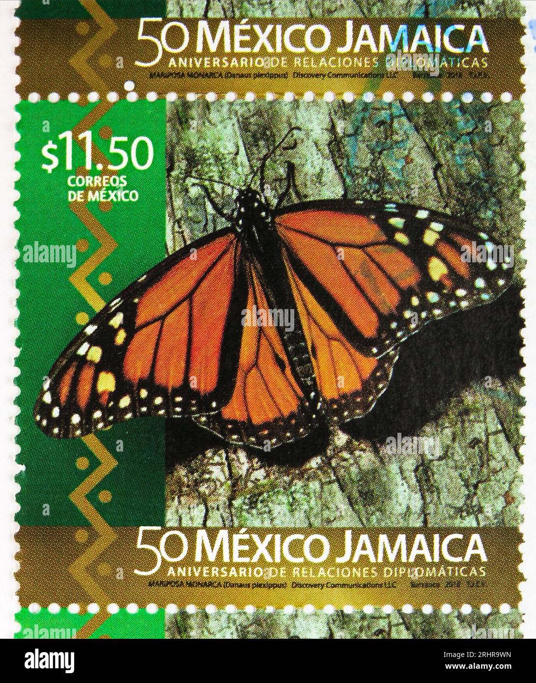MOSCOU, RUSSIE - JUIN 8 2023 : timbre-poste imprimé au Mexique montrant Danaus plexippus, relations diplomatiques Mexique-Jamaïque, série 50e anniversaire, cir Banque D'Images