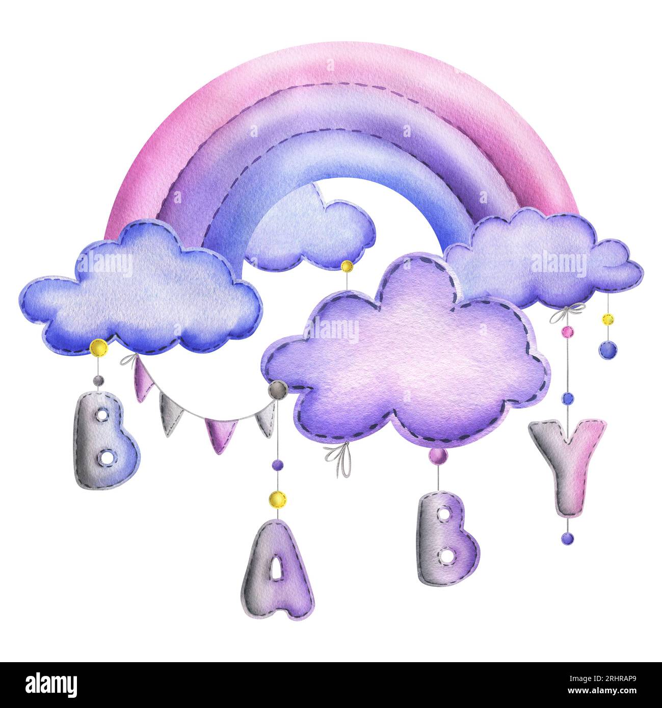 Un arc-en-ciel cousu avec nuages et lettres BÉBÉ, drapeaux de guirlande, points suspendus à des cordes en bleu, violet et rose. Jolie aquarelle dessinée à la main Banque D'Images