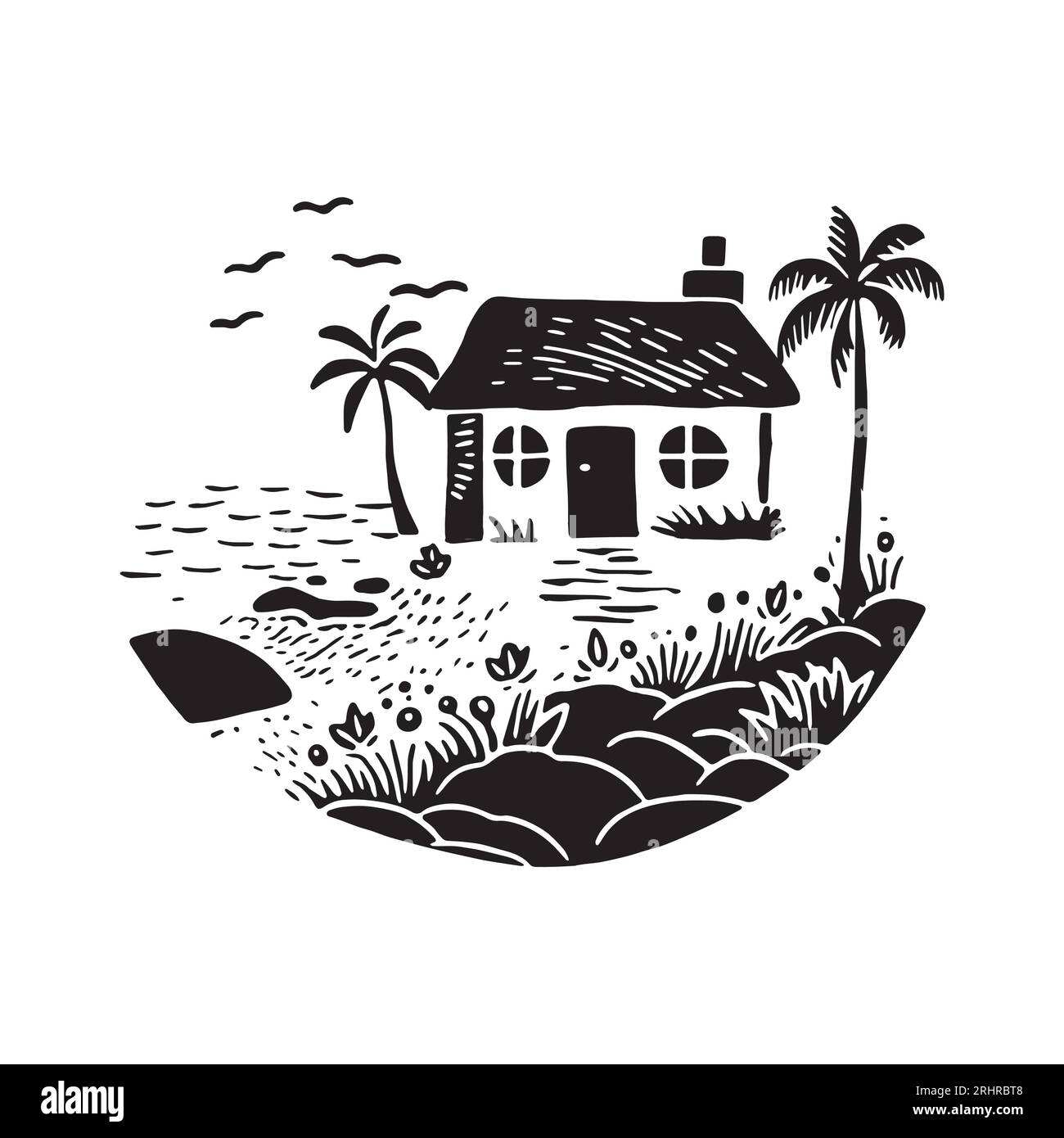 Illustration d'impression de bloc de cabane de plage fantaisiste pour le concept de voyage tropical. Vecteur maison côtière avec palmier stylisé pour les vacances. Illustration de Vecteur