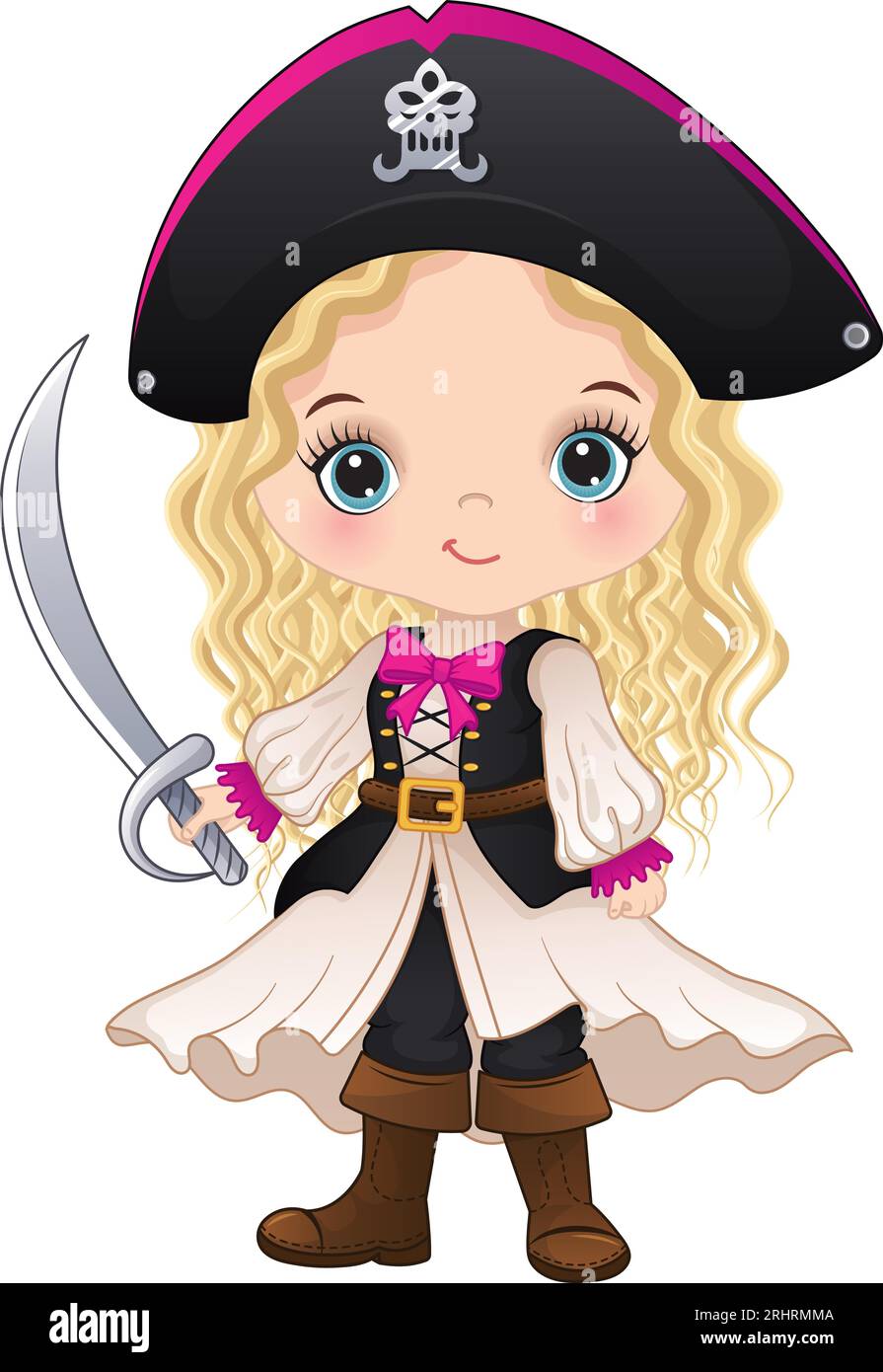 Mignonne petite fille pirate en robe corset et chapeau tenant l'épée Illustration de Vecteur