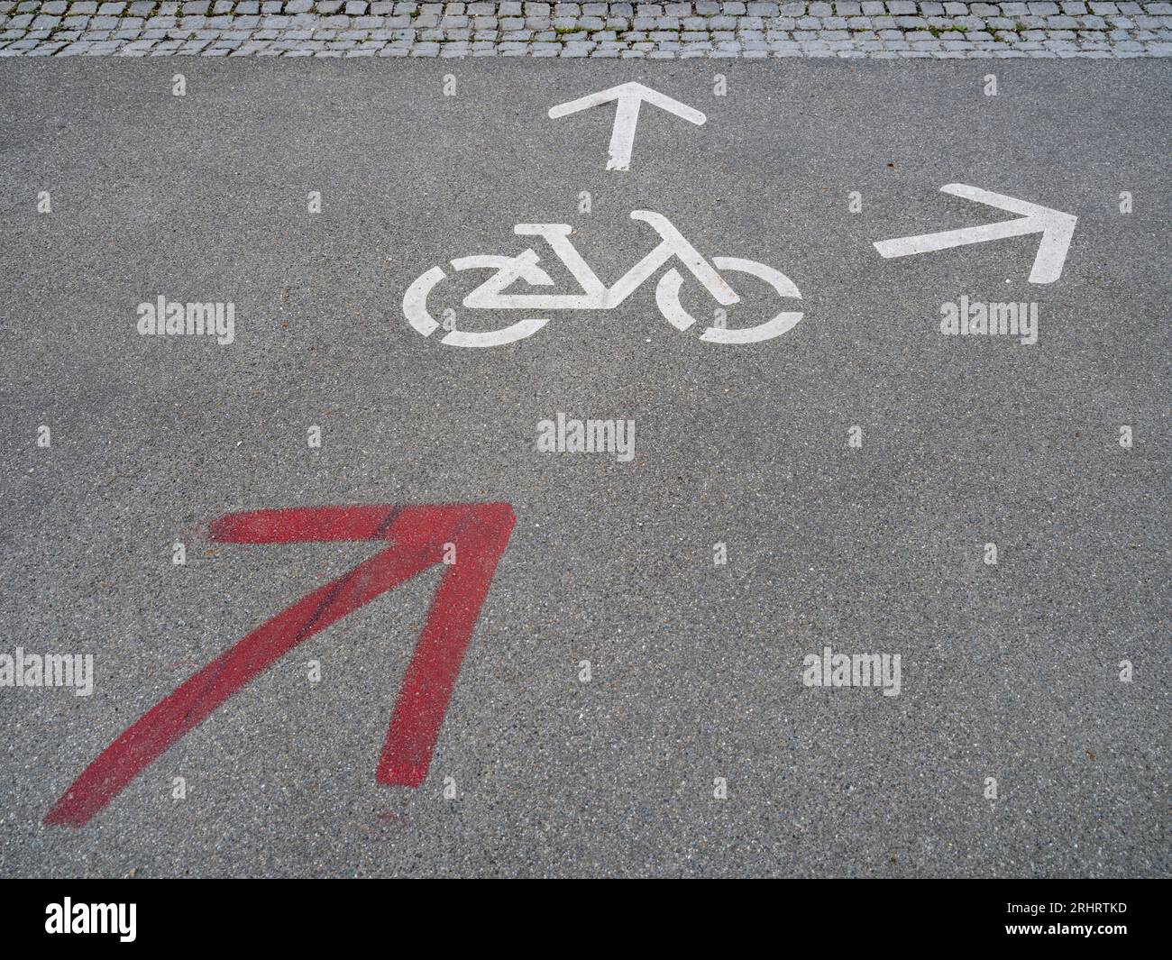 Pictogramme pour vélos et flèches sur une route, Allemagne, Baden-Wuerttemberg, Reichenau Banque D'Images