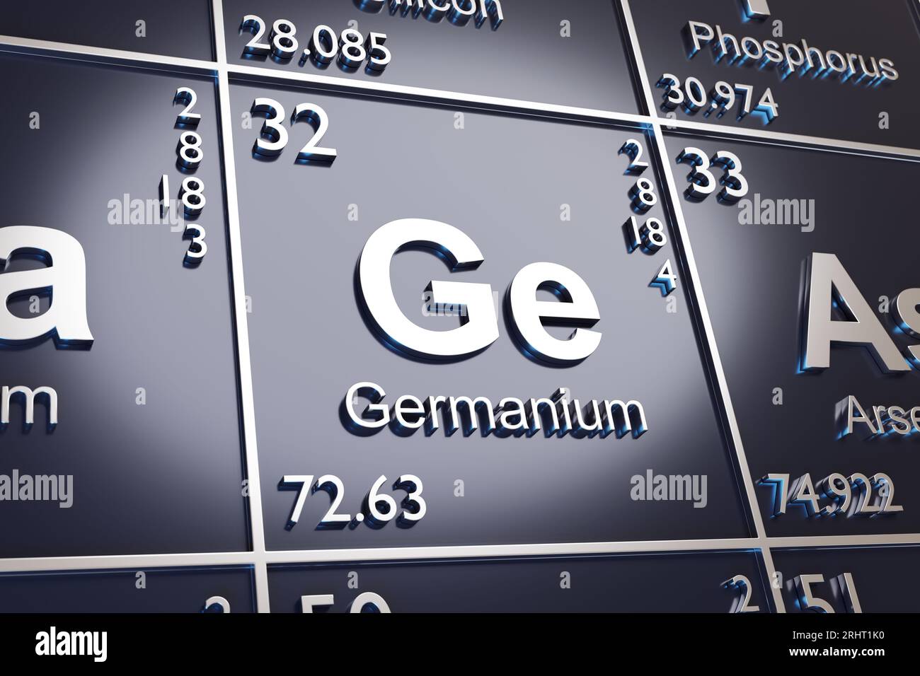 L'élément Germanium sur le tableau périodique. illustration 3d. Banque D'Images
