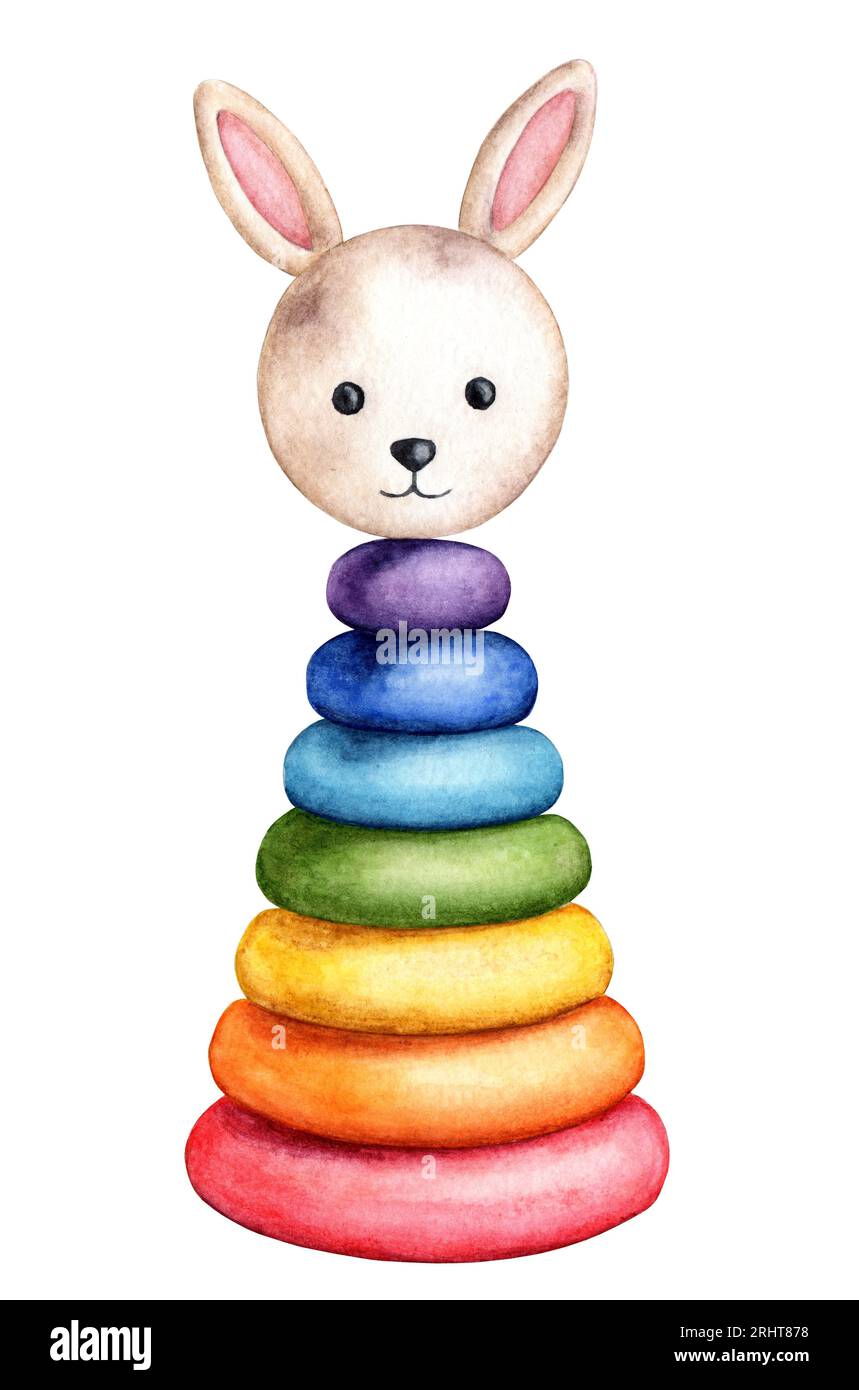 Illustration à l'aquarelle d'un jouet lapin pyramidal coloré pour bébés, garçons ou filles, petits enfants. Clip art pour vêtements de bébé textile en tissu, papier peint Banque D'Images