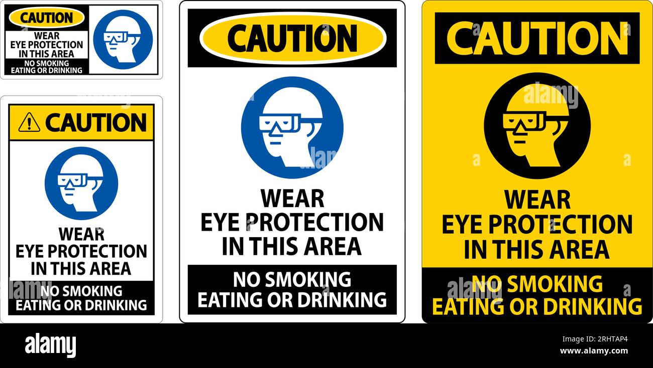 Panneau d'avertissement porter une protection oculaire dans cette zone, interdiction de fumer, manger ou boire Illustration de Vecteur