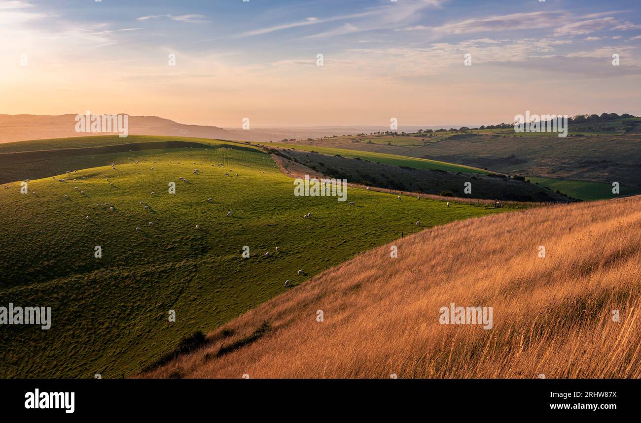 Heure dorée du soir depuis le mont Caburn sur les Lewes Downs East Sussex au sud-est de l'Angleterre Banque D'Images