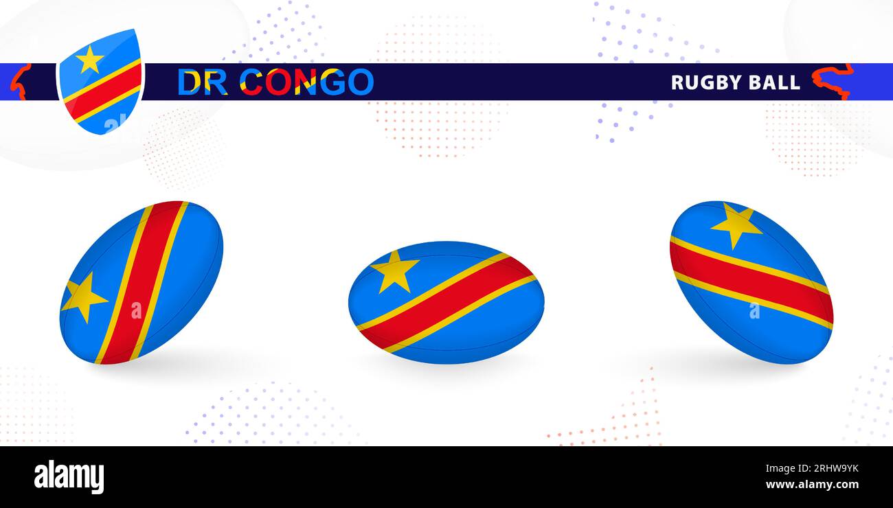 Ballon de rugby mis avec le drapeau de la RD Congo dans différents angles sur fond abstrait. Collection de vecteurs de rugby. Illustration de Vecteur