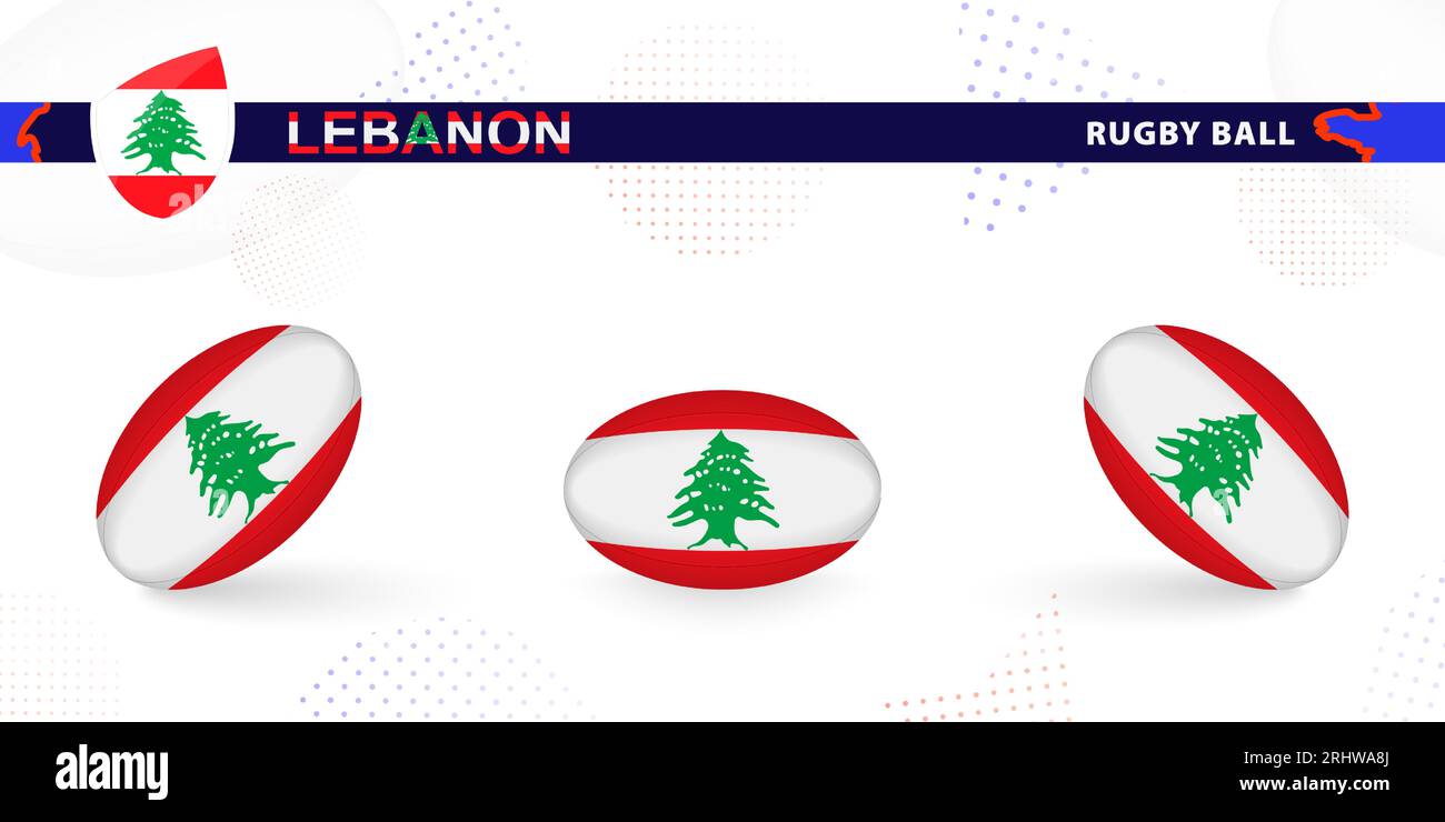 Ballon de rugby mis avec le drapeau du Liban dans différents angles sur fond abstrait. Collection de vecteurs de rugby. Illustration de Vecteur